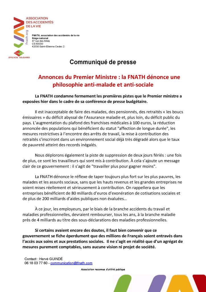 La FNATH dénonce une philosophie anti-malade et anti-sociale